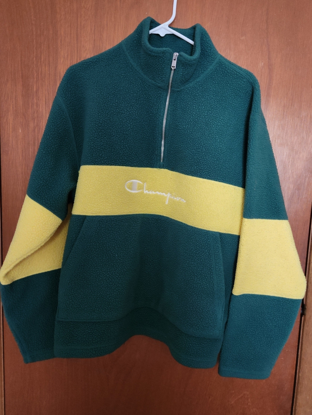 Champion Men's Dark Green Zip-Up Fleece with Yellow Stripe